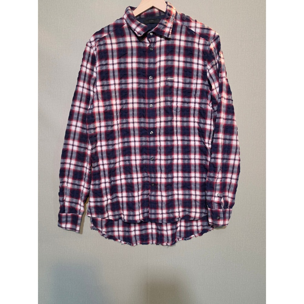 Diesel Mens XL Plaid Button Down Shirt Red Blue Textured Raw Hem Long Sleeve